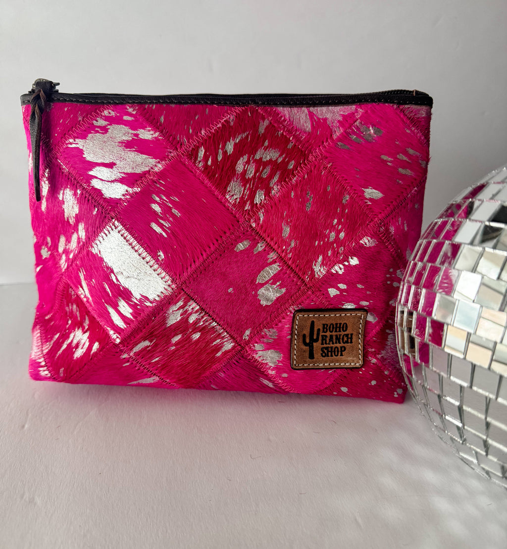 Checkered Western Cowhide Makeup Bag Travel