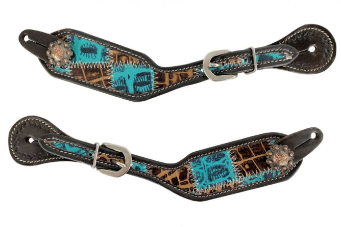 Ladies Teal gator patchwork Leather spur straps
