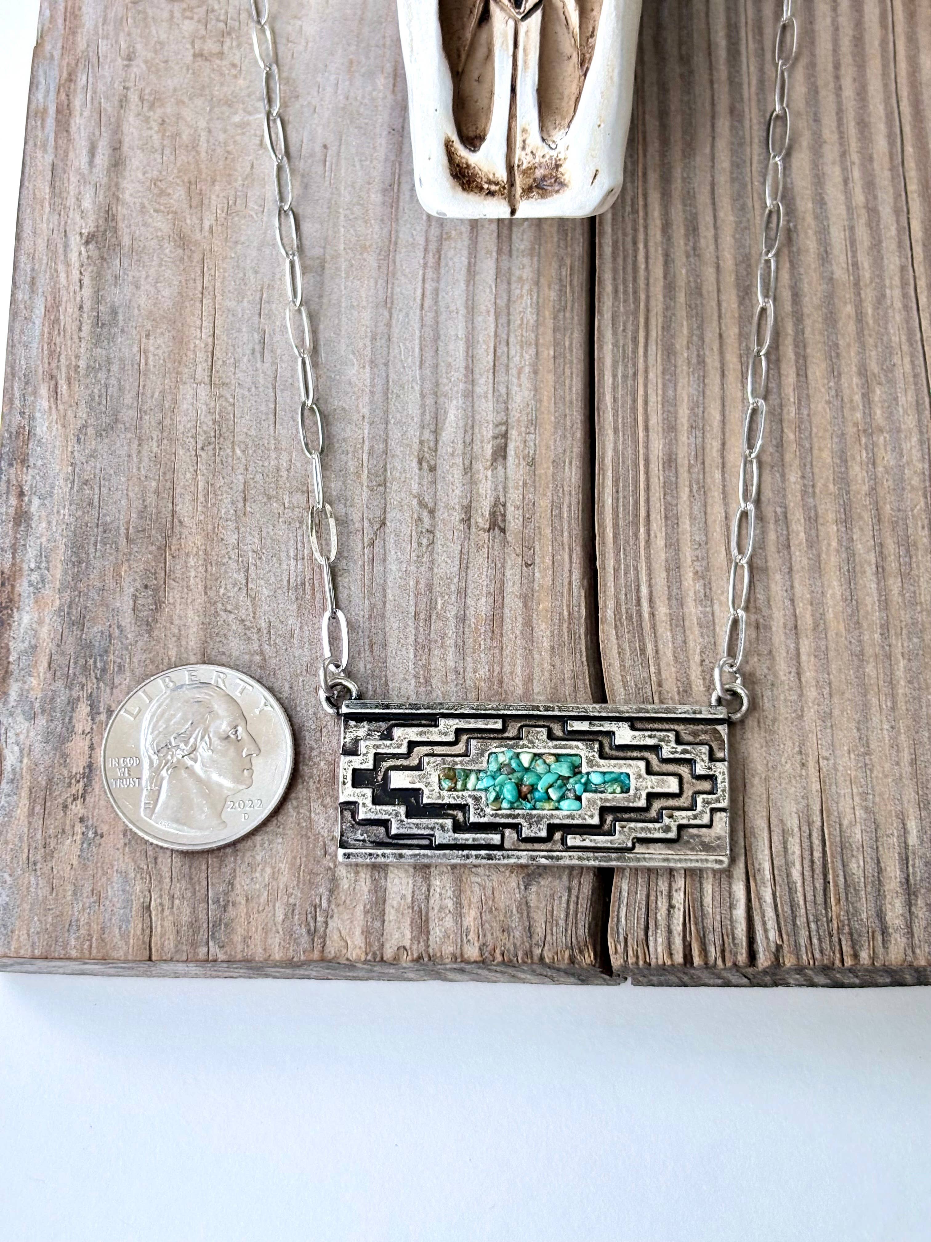 Western Druzy Turquoise Stone Aztec Bar Pendant Necklace