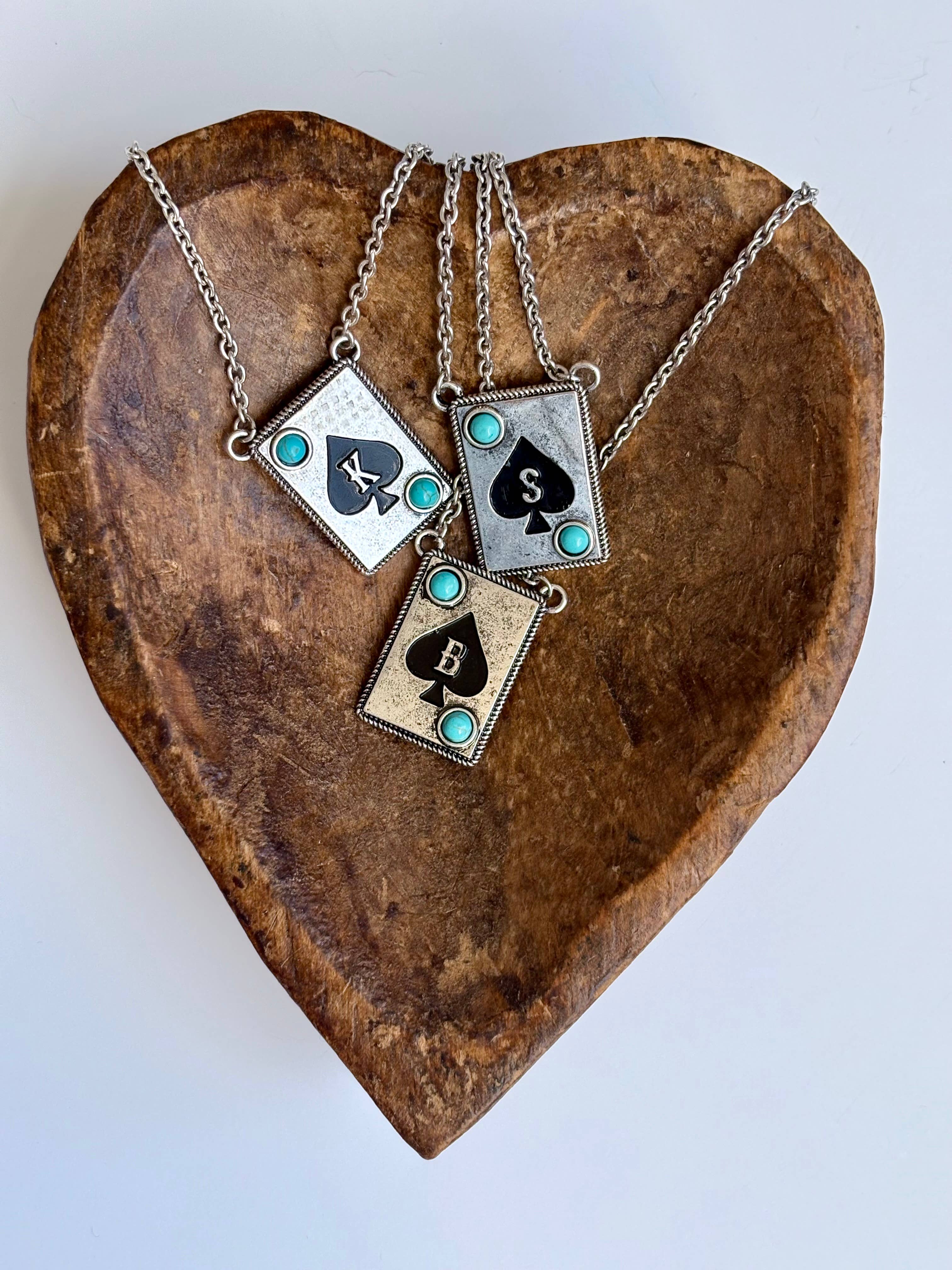 Initial ACE Playing Card - Turquoise Stone Pendant Necklace
