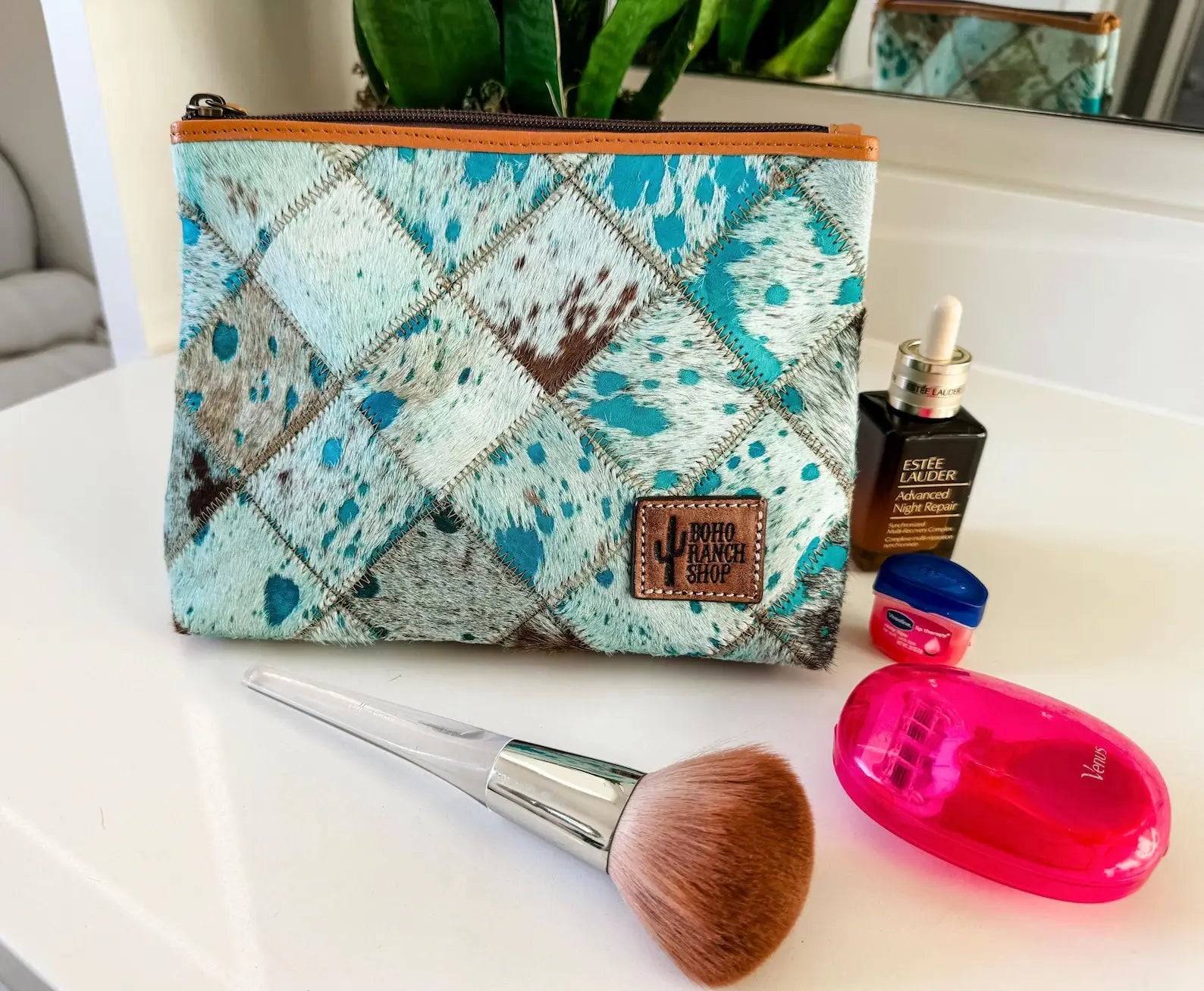 Checkered Western Cowhide Makeup Bag Travel