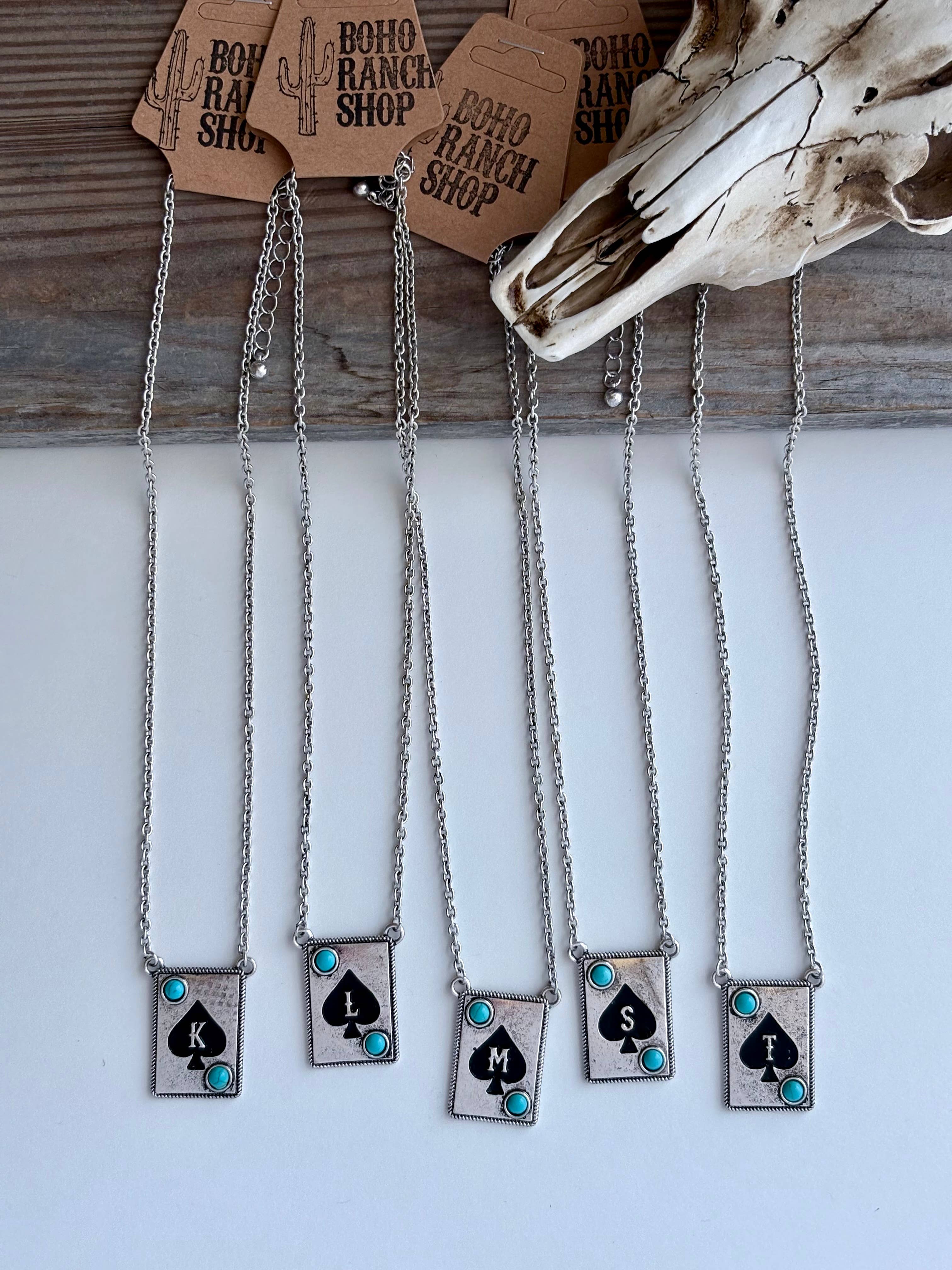 Initial ACE Playing Card - Turquoise Stone Pendant Necklace