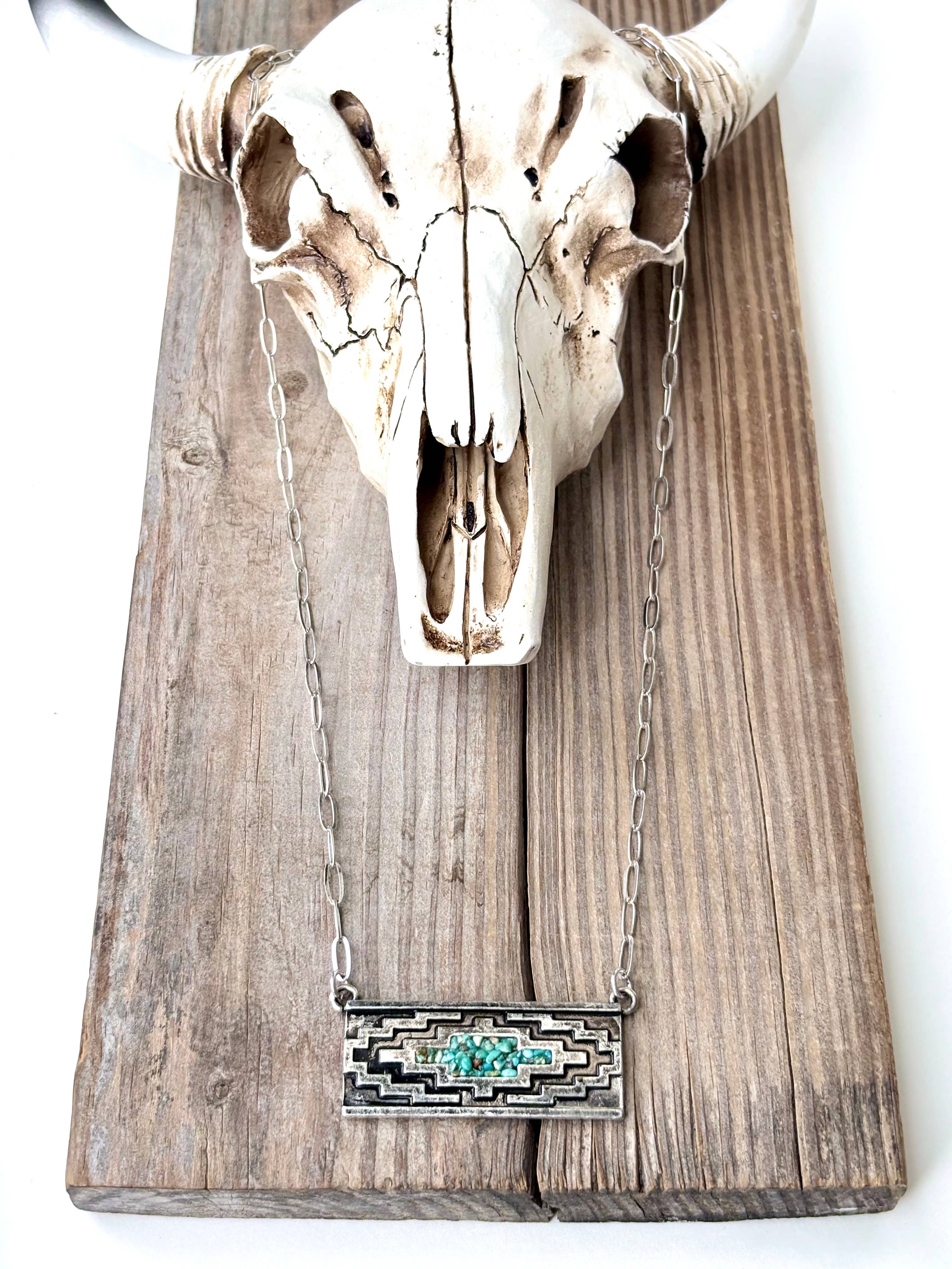 Western Druzy Turquoise Stone Aztec Bar Pendant Necklace
