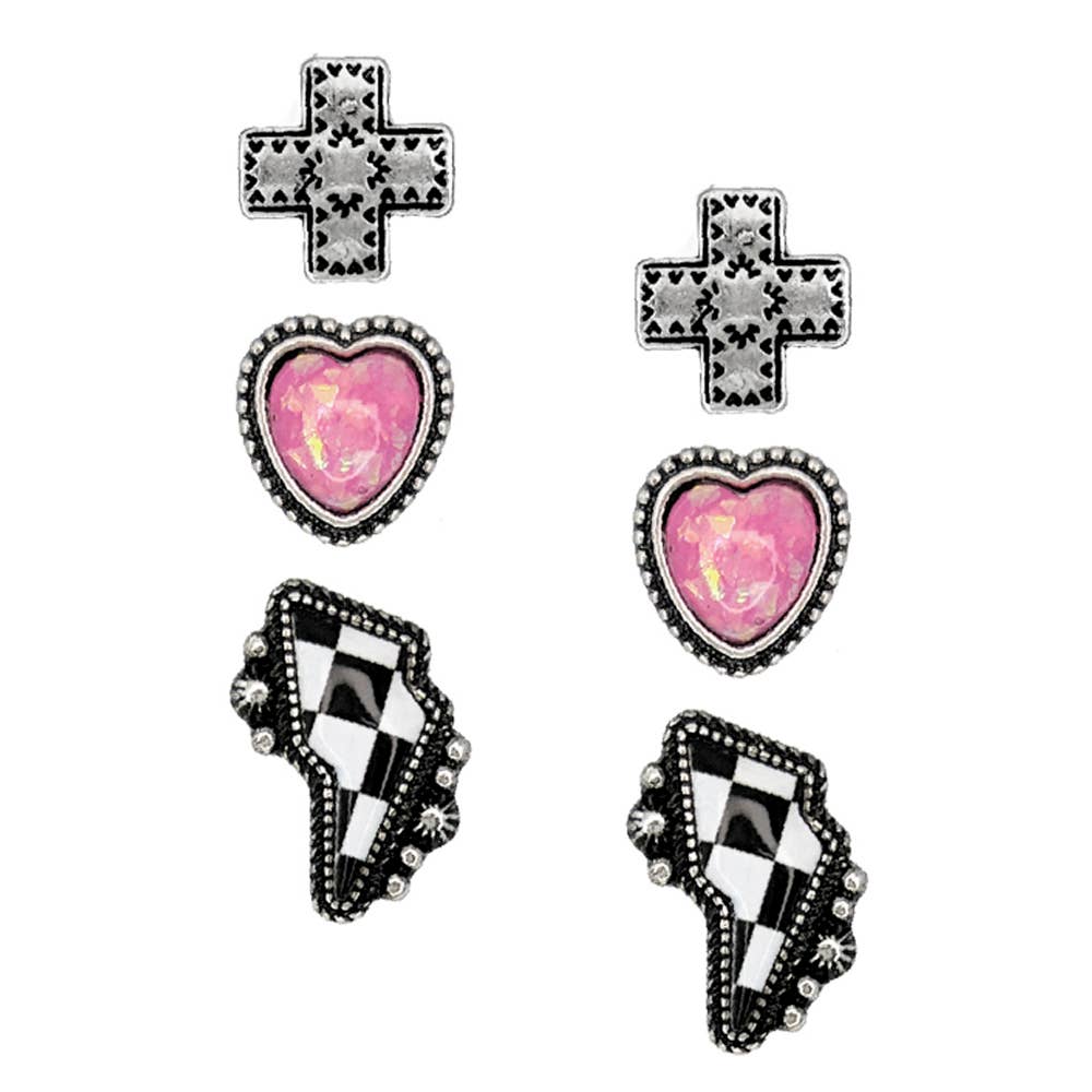 WESTERN CHECKERBOARD OPAL 3-IN-1 EARRING SET  A-7807