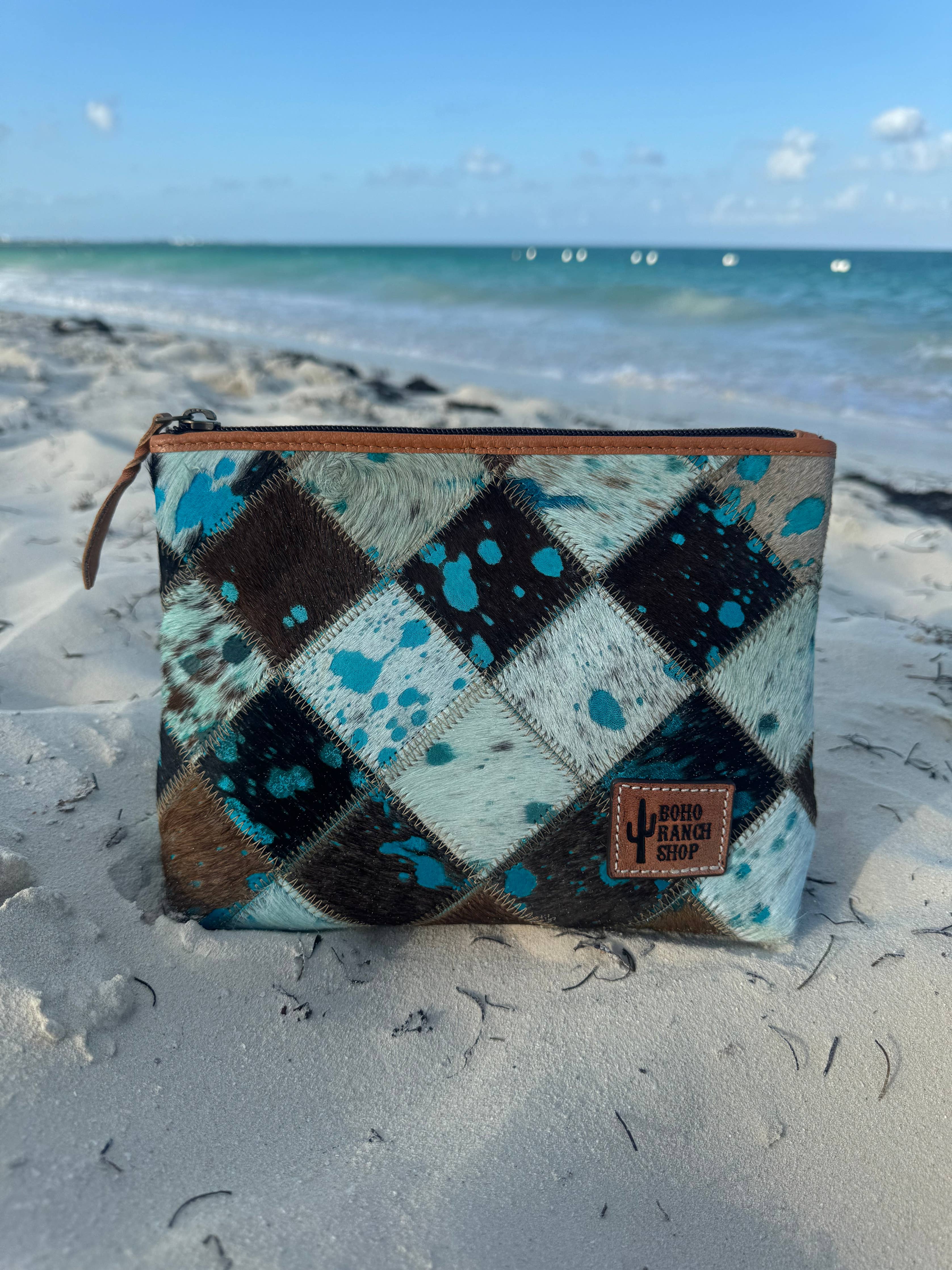 Checkered Western Cowhide Makeup Bag Travel