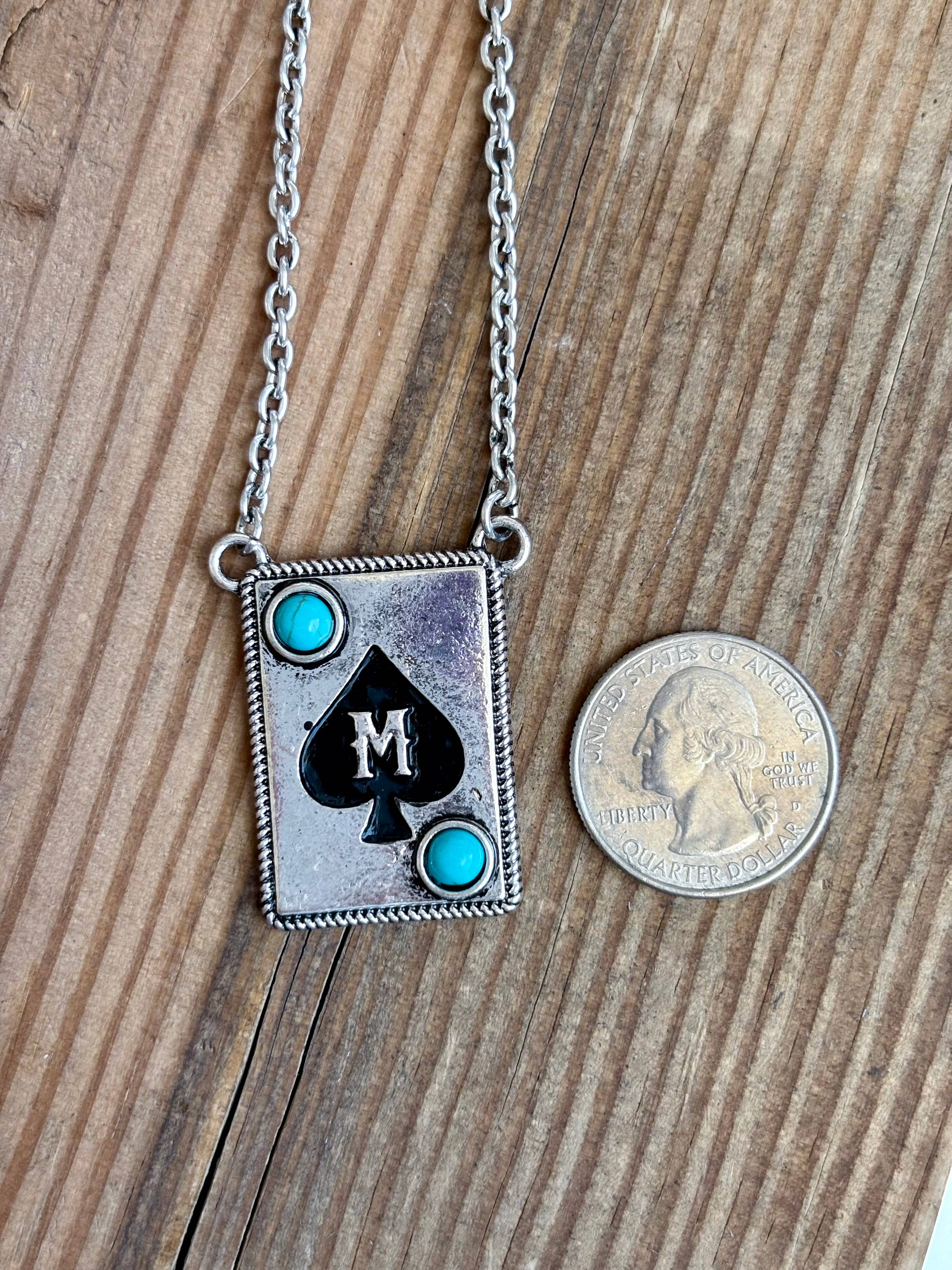 Initial ACE Playing Card - Turquoise Stone Pendant Necklace