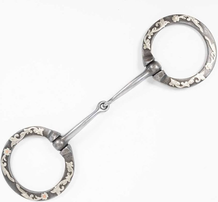 Aged steel snaffle bit w/ floral trim