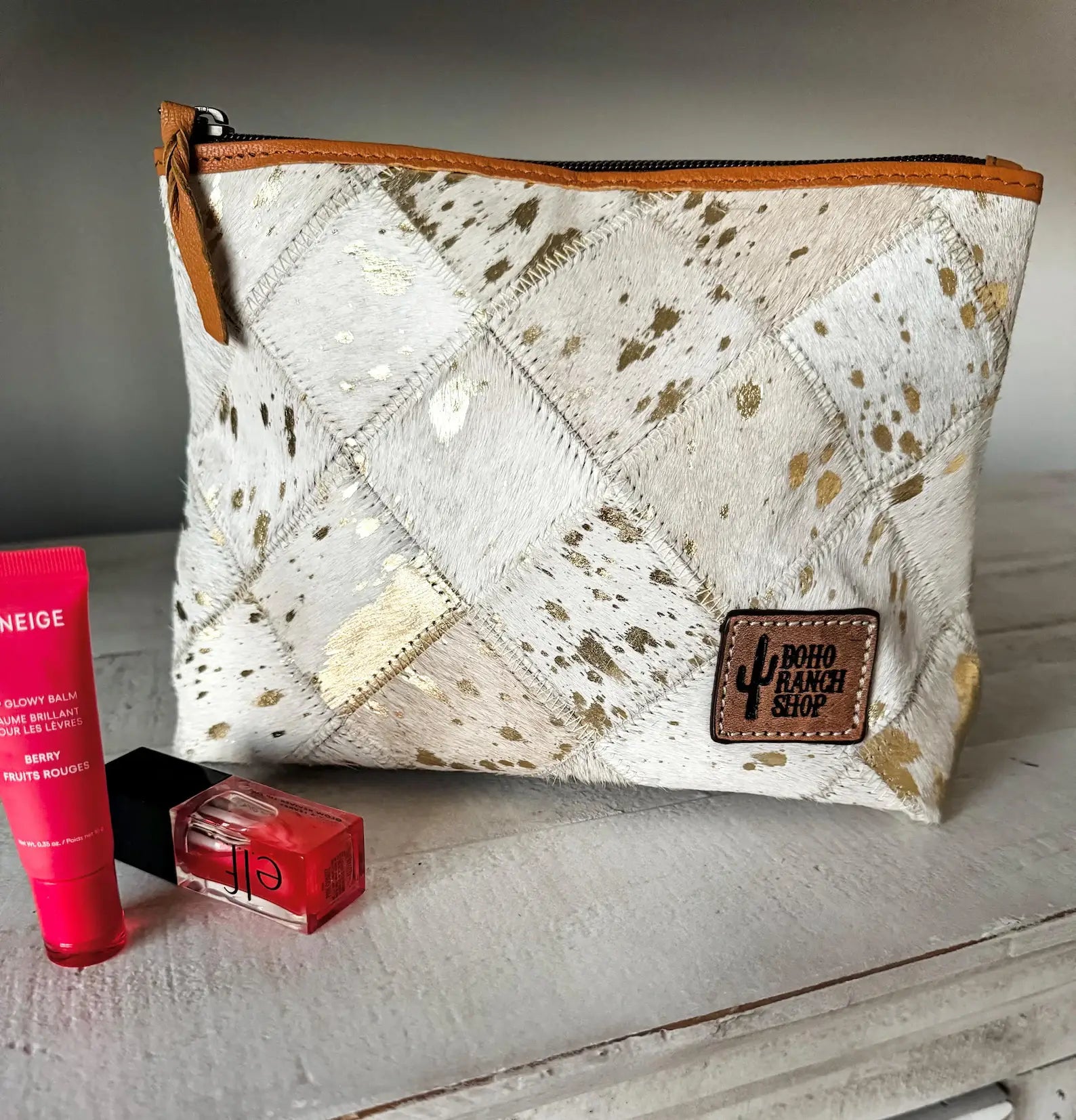 Checkered Western Cowhide Makeup Bag Travel