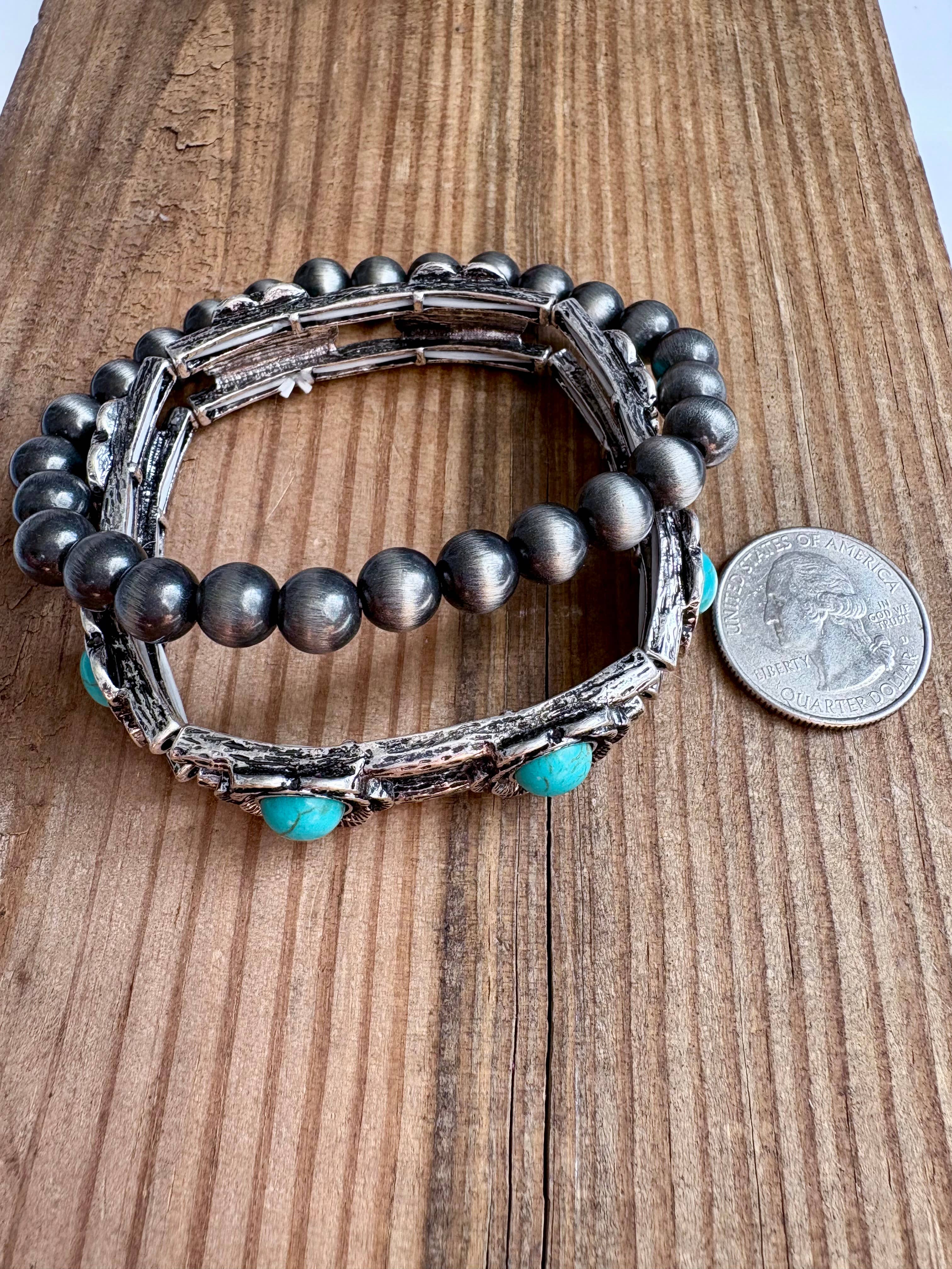 2 Layer Western Navajo & Stone Stretch Bracelet