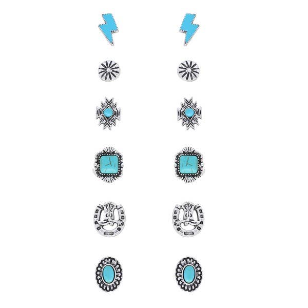 6-PAIR ASSORTED WESTERN STUD EARRING SET 12729