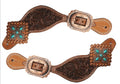 Ladies Tooled leather spur straps with vintage turquoise stone conchos