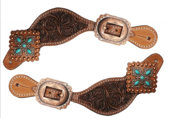 Ladies Tooled leather spur straps with vintage turquoise stone conchos