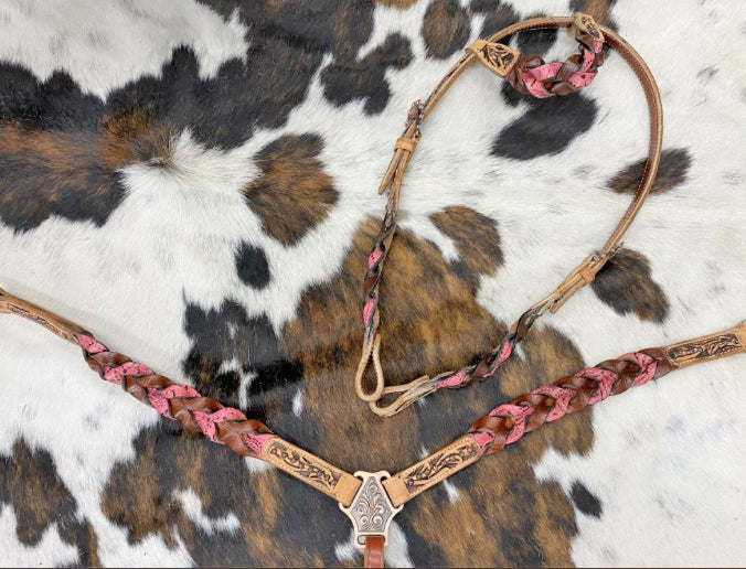 Miracle Braid One Ear Headstall and Breast Collar Set - pink