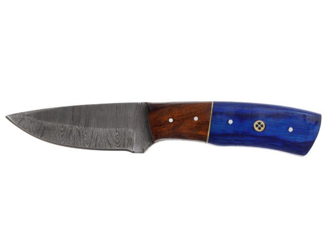 Hand-Forged Damascus Skinning Knife with Blue & Brown Wood Handle
