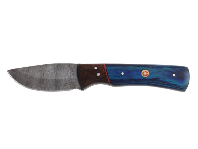 Lariat High Ridge - Hand-Forged Damascus Skinning Knife with Blue & Brown Wood Handle
