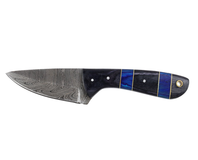 Hand-Forged Damascus Skinning Knife with Black Horn & Blue Pakka Wood Handle