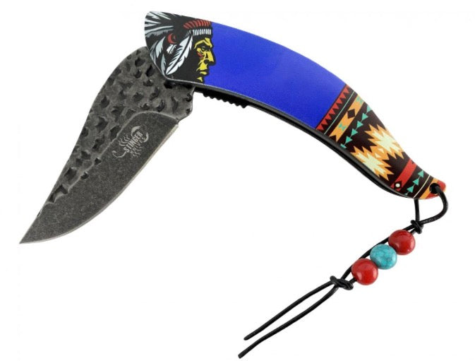 8.5" Knife with Aztec pattern and Indian on handle - blue