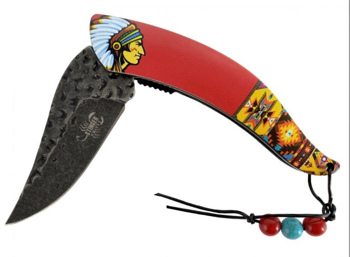 8.5" Knife with Aztec pattern and Indian on handle - red