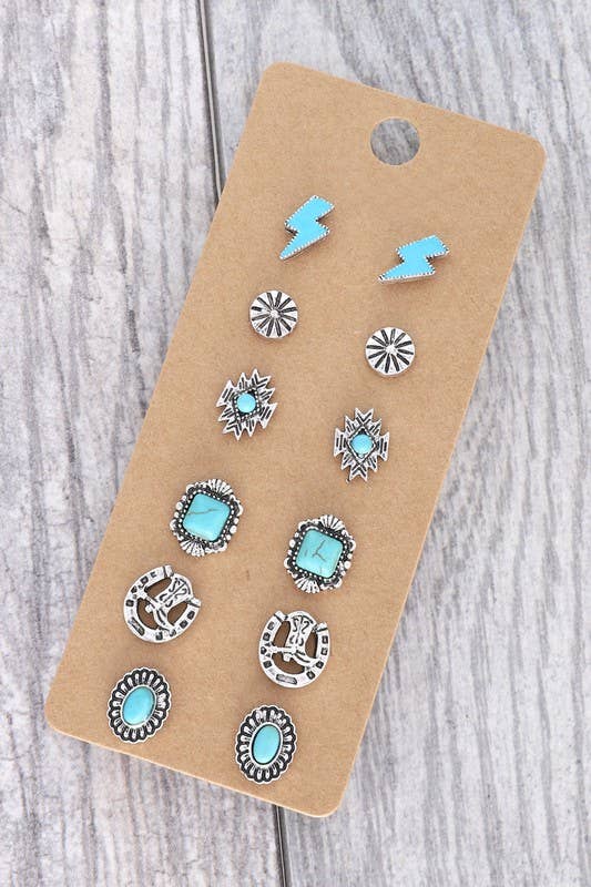 6-PAIR ASSORTED WESTERN STUD EARRING SET 12729