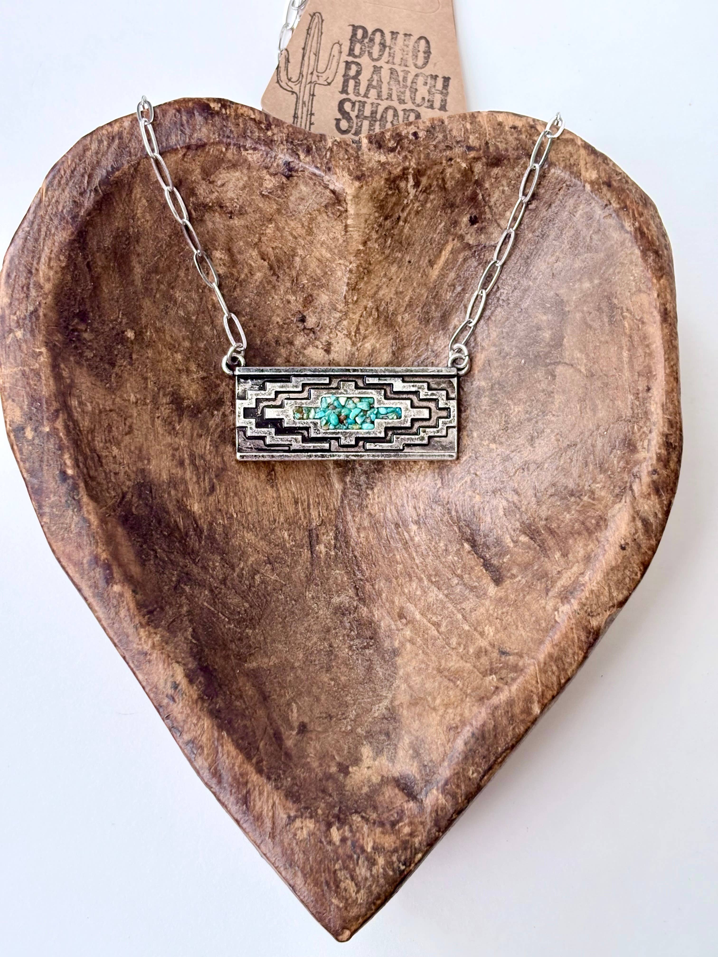 Western Druzy Turquoise Stone Aztec Bar Pendant Necklace