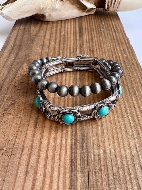 2 Layer Western Navajo & Stone Stretch Bracelet