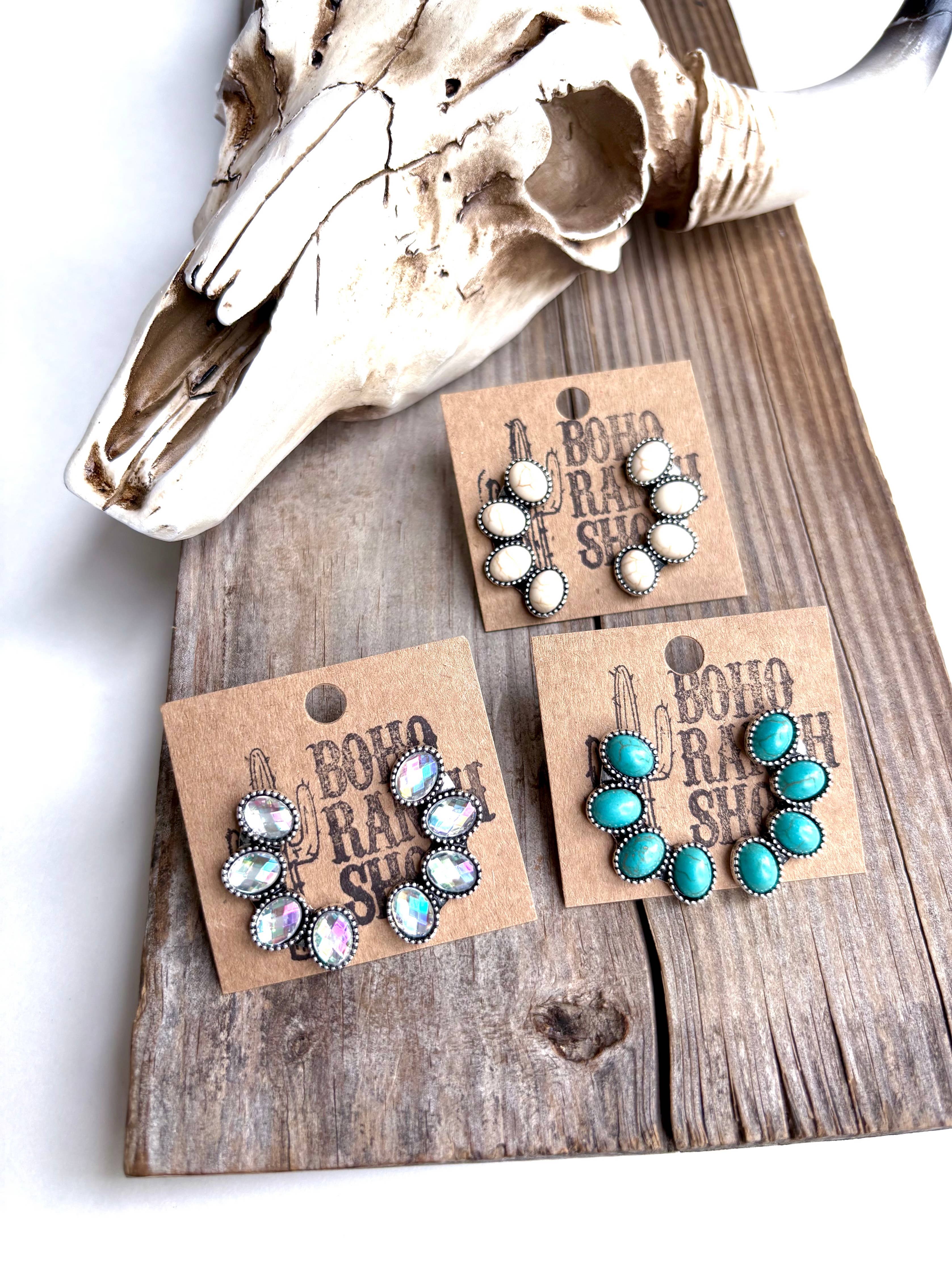 Western Cluster Squash Blossom Stone Stud Earrings