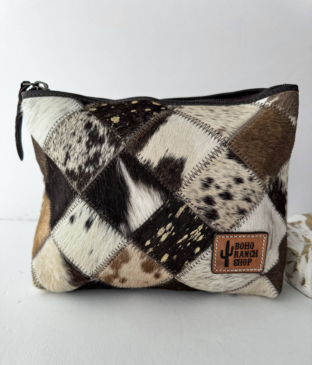 Checkered Western Cowhide Makeup Bag Travel