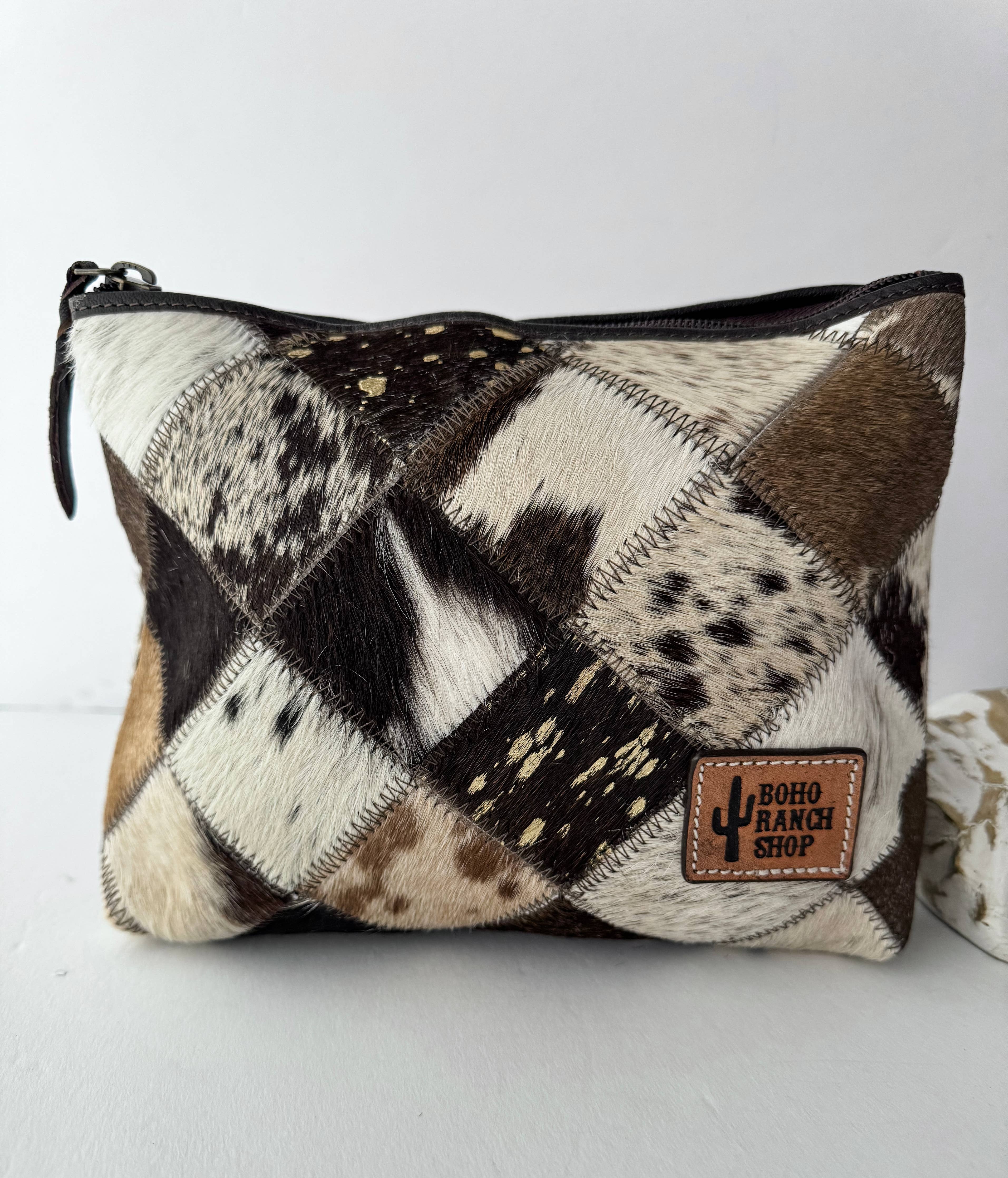 Checkered Western Cowhide Makeup Bag Travel
